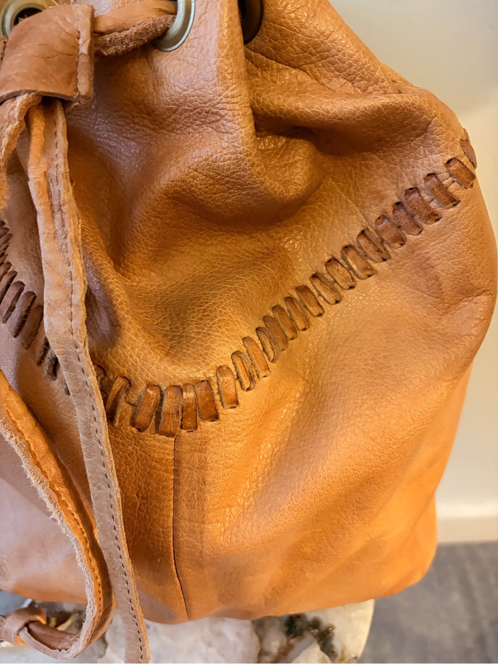 Anthropology Tan Leather Drawstring Hobo Bag with Whipstitch Detail - Picture 2 of 7